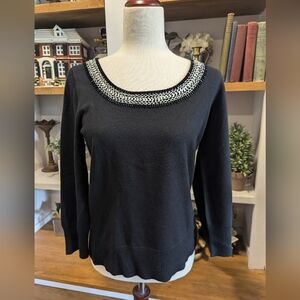 Sigrid Olsen Black Beaded Scoop Neckline Sweater Top 3/4 sleeve Size Med